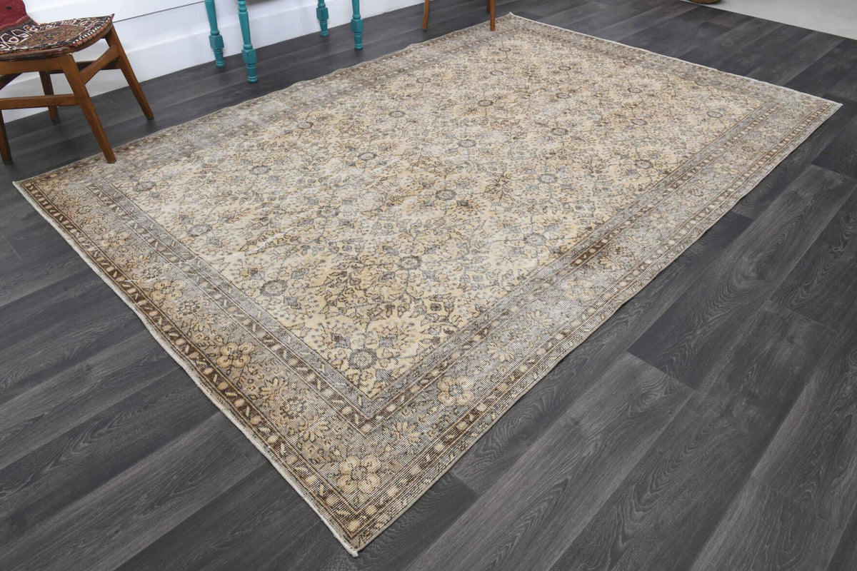 El yapımı vintage halı 211x310 cm çiçek desenli desenli yün - yakın çekim doku detayı