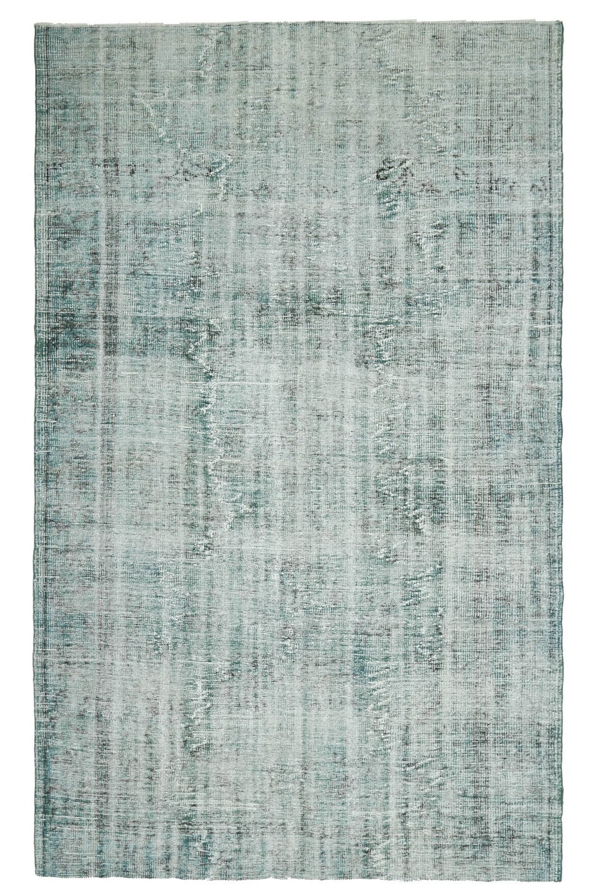186x309 cm gri, mavi ve yeşil soyut desenli el dokuma vintage halı – üstten tam görünüm