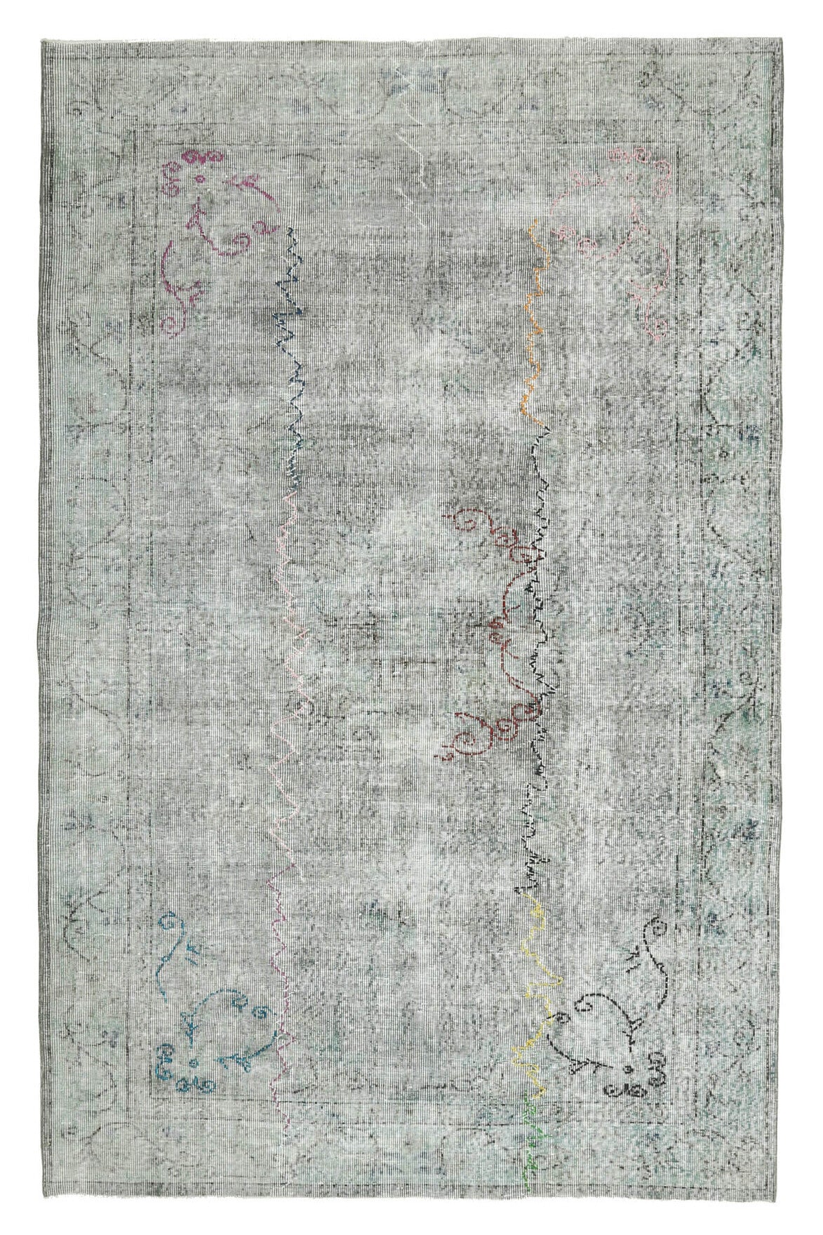 176x284 cm gri oryantal desenli el dokuma vintage halı – üstten tam görünüm