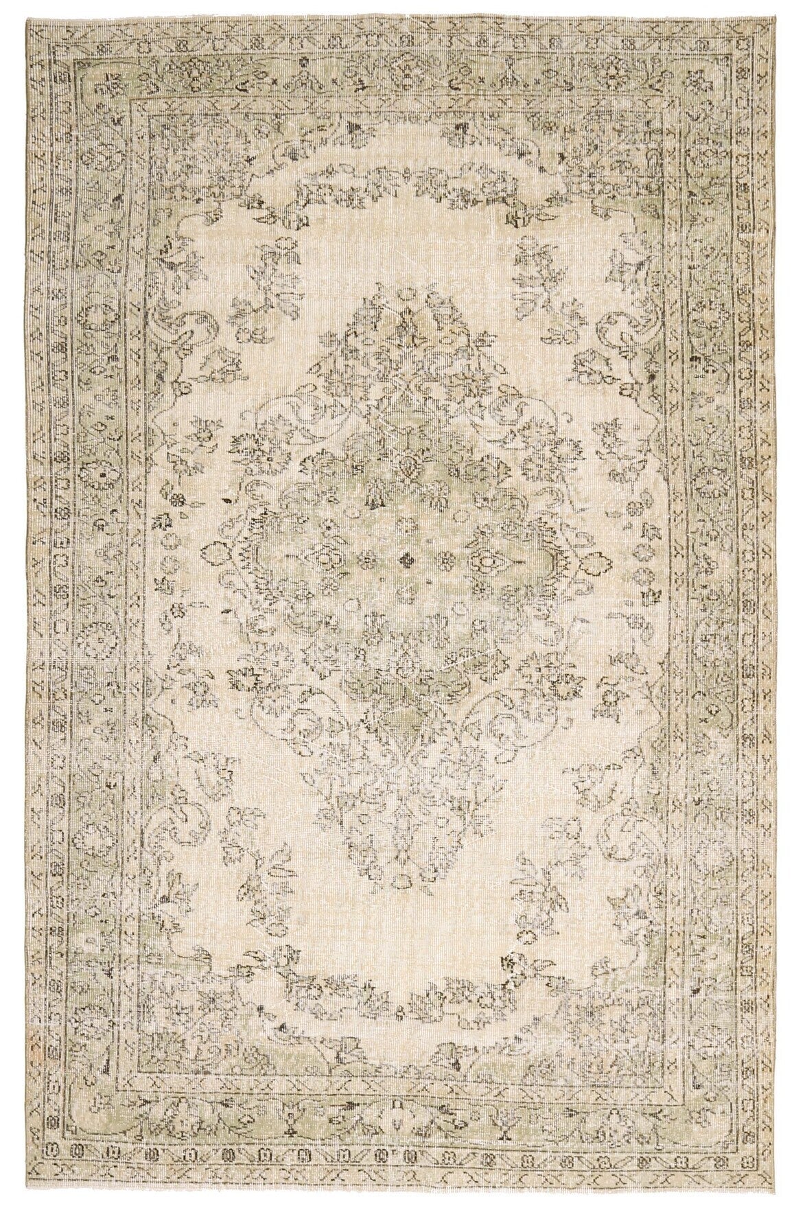 178x283 cm turuncu ve bej oryantal desenli el dokuma vintage halı – üstten tam görünüm