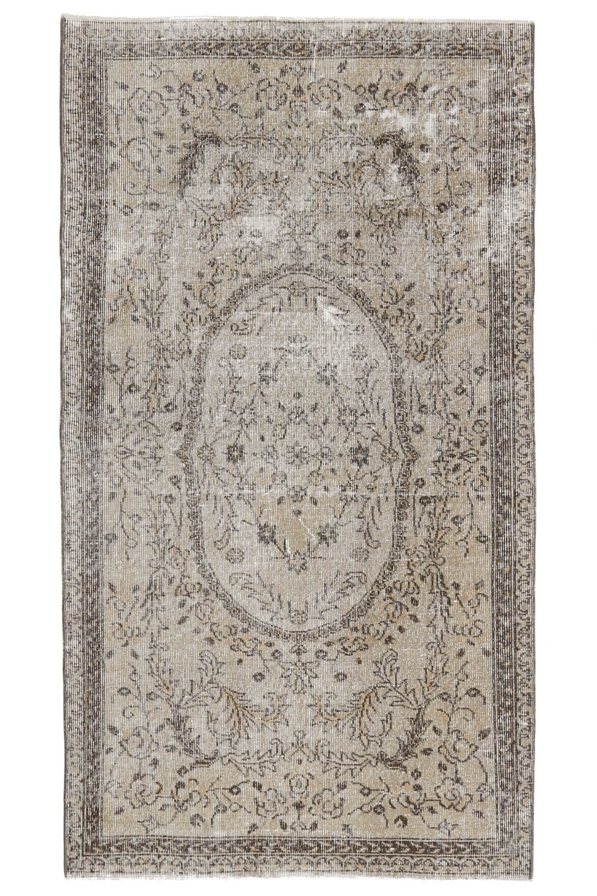 118x216 cm bej, kahverengi ve turuncu oryantal desenli el dokuma vintage halı – üstten tam görünüm