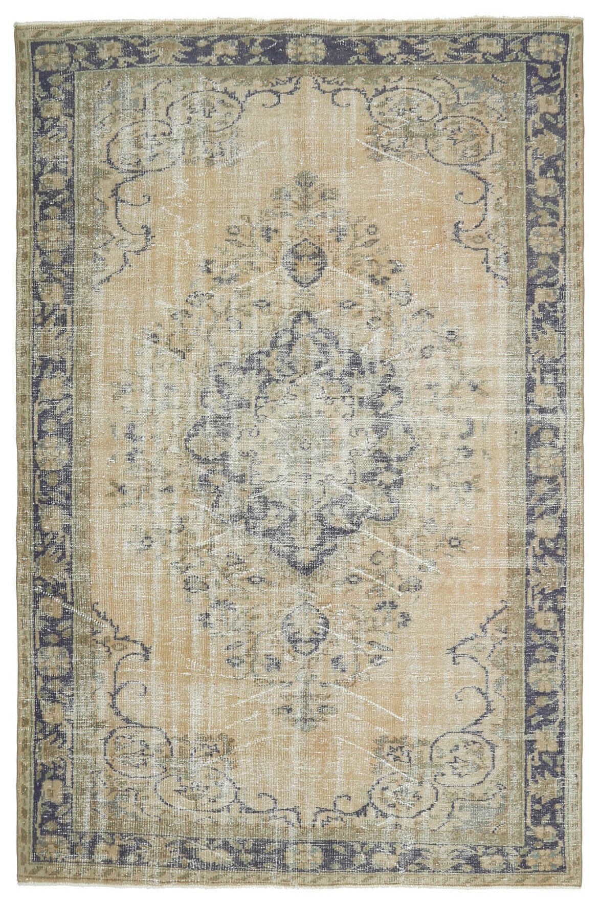 181x277 cm bej, turuncu ve gri oryantal desenli el dokuma vintage halı – üstten tam görünüm
