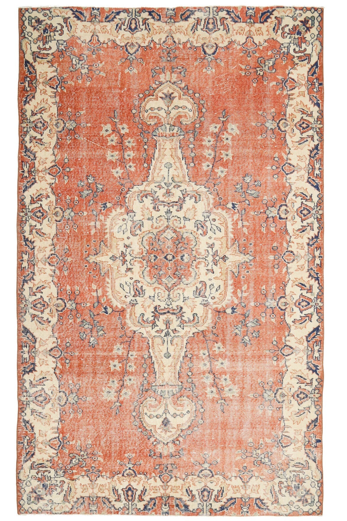 177x298 cm turuncu oryantal desenli el dokuma vintage halı – üstten tam görünüm