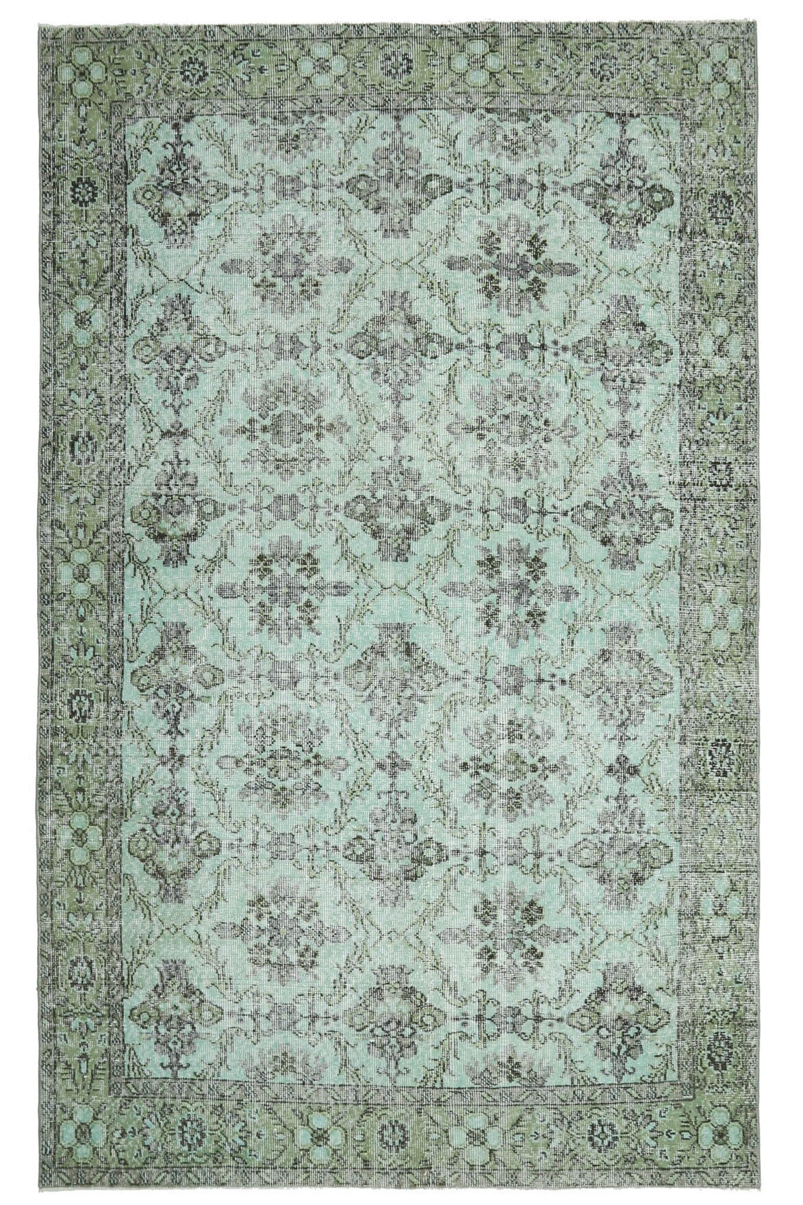 172x276 cm yeşil ve gri çiçek desenli el dokuma vintage halı – üstten tam görünüm