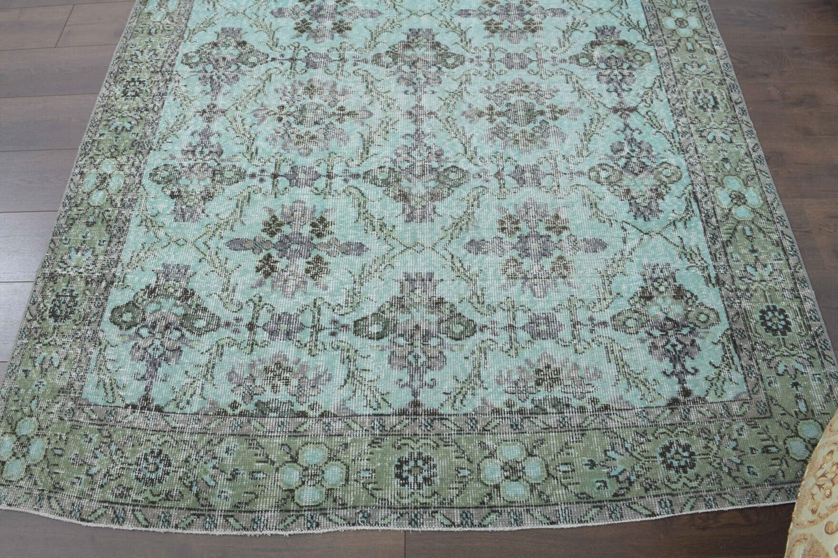 Yeşil ve gri renkli el dokuma vintage halı, yün hav, pamuk taban