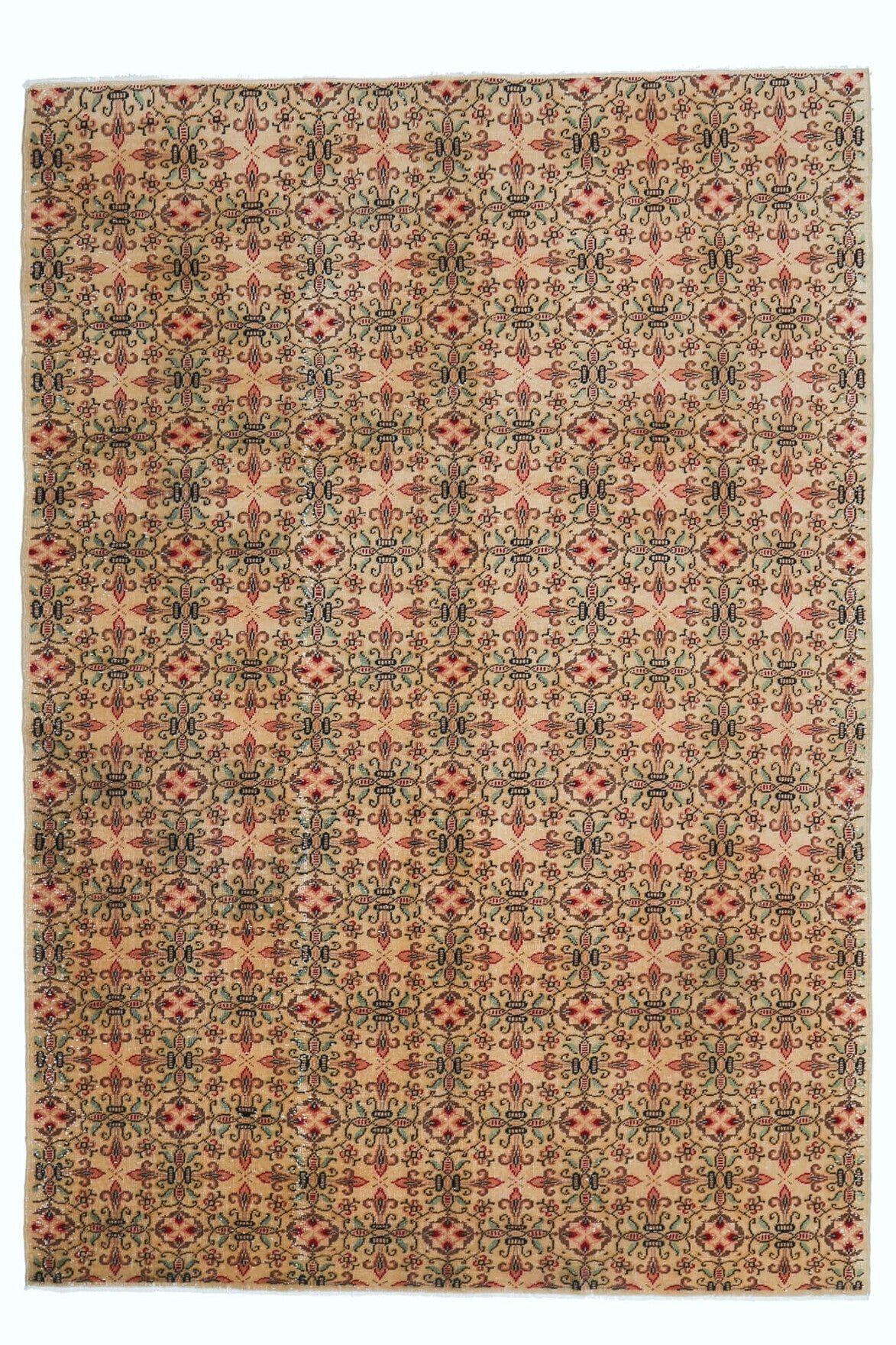 197x288 cm turuncu ve kahverengi ikat desenli el dokuma vintage halı – üstten tam görünüm
