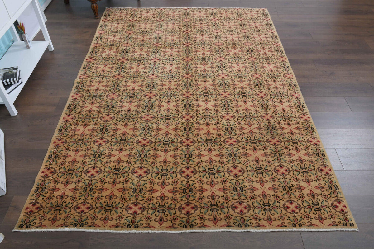 El yapımı vintage halı 198x287 cm i̇kat desenli yün - yakın çekim doku detayı