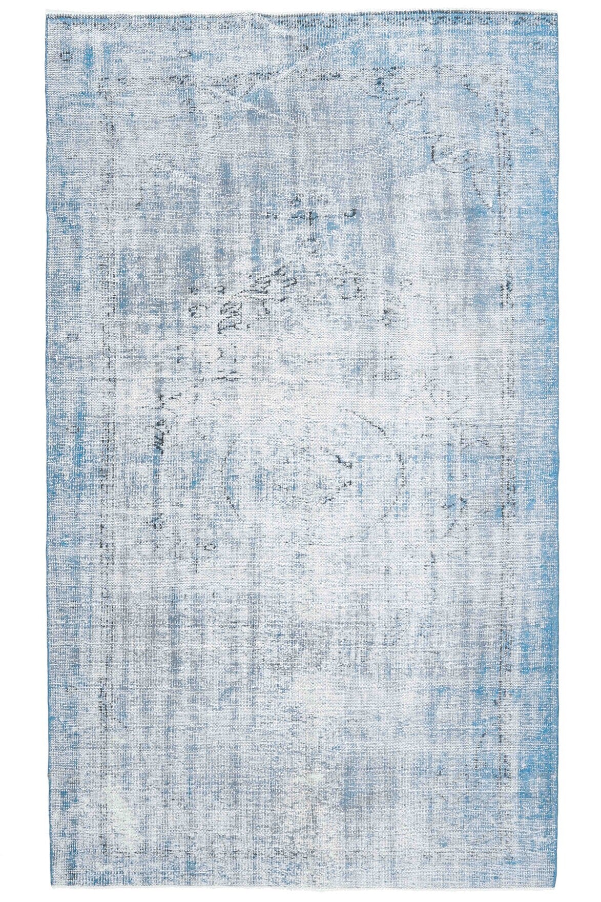 162x280 cm mavi ve beyaz oryantal desenli el dokuma vintage halı – üstten tam görünüm