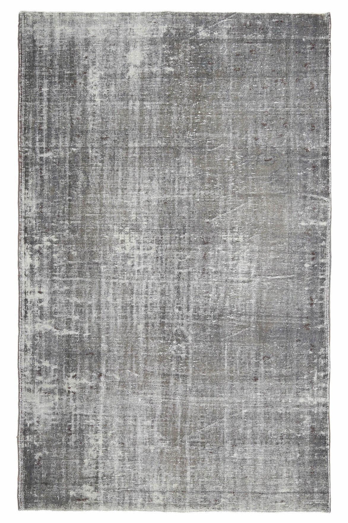 188x302 cm gri düz zeminli el dokuma vintage halı – üstten tam görünüm