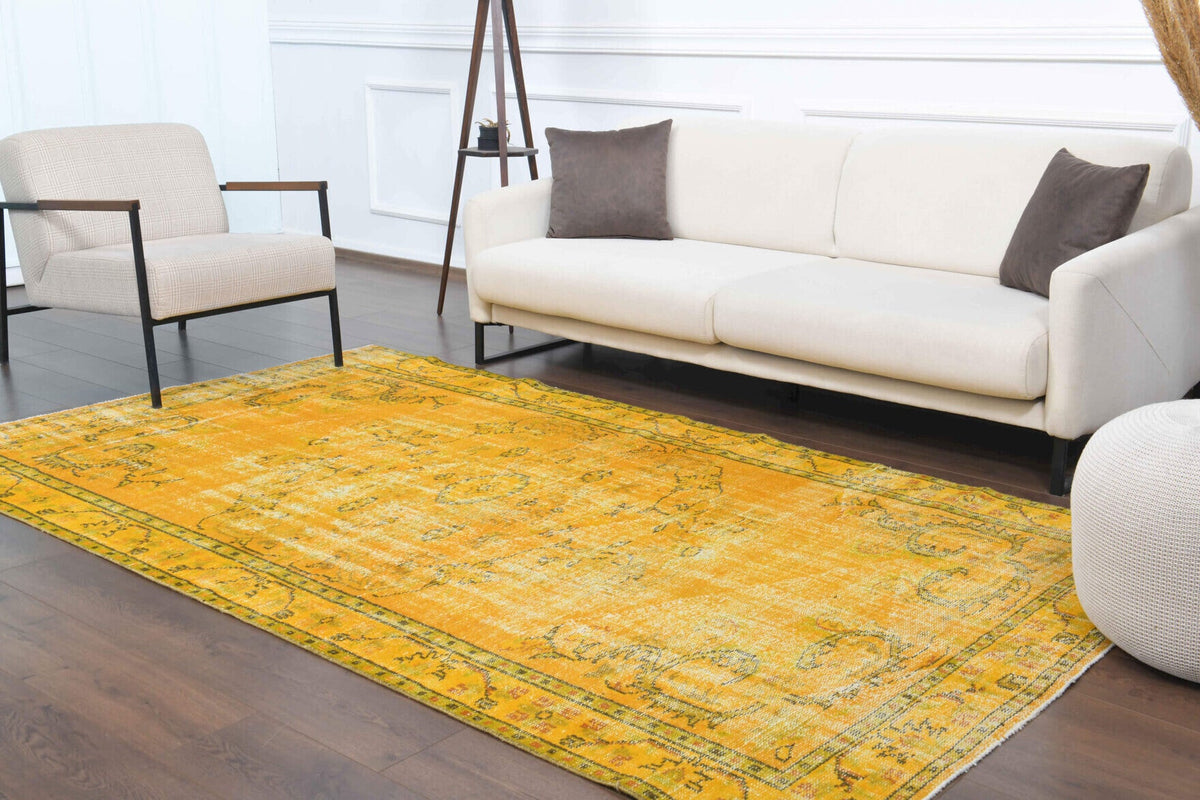 Vintage Yellow Rug, Turkish Area Anatolian Rug