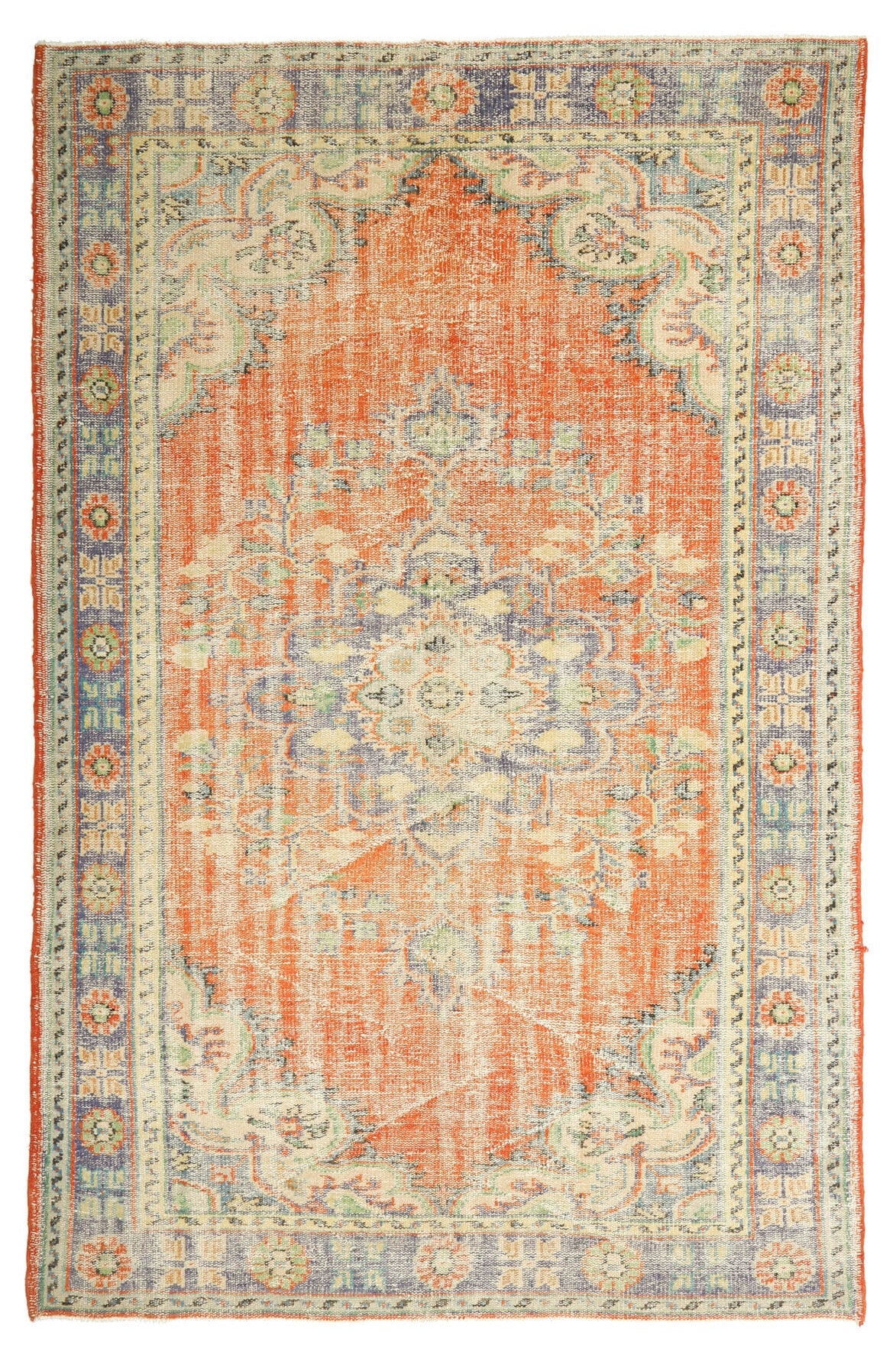 190x288 cm turuncu ve bej oryantal desenli el dokuma vintage halı – üstten tam görünüm