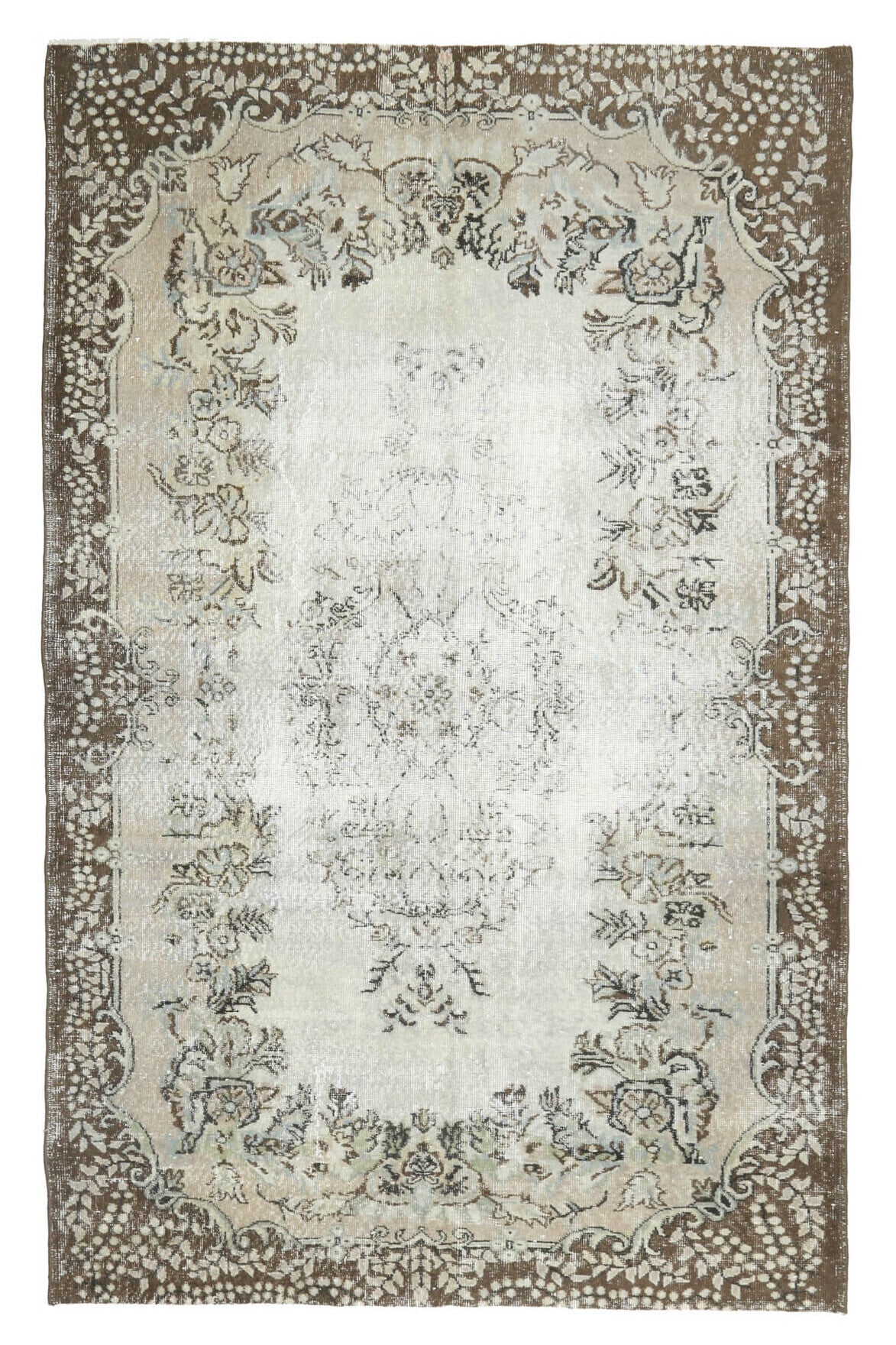 184x289 cm bej, beyaz ve gri oryantal desenli el dokuma vintage halı – üstten tam görünüm