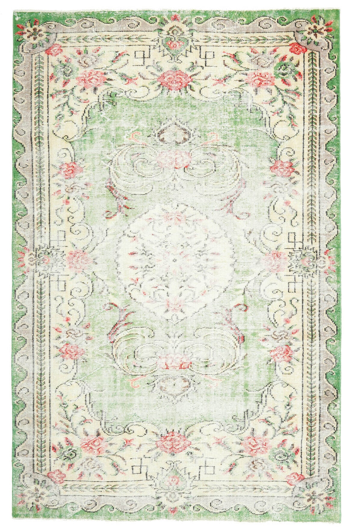 185x290 cm bej, beyaz ve yeşil çiçek desenli el dokuma vintage halı – üstten tam görünüm