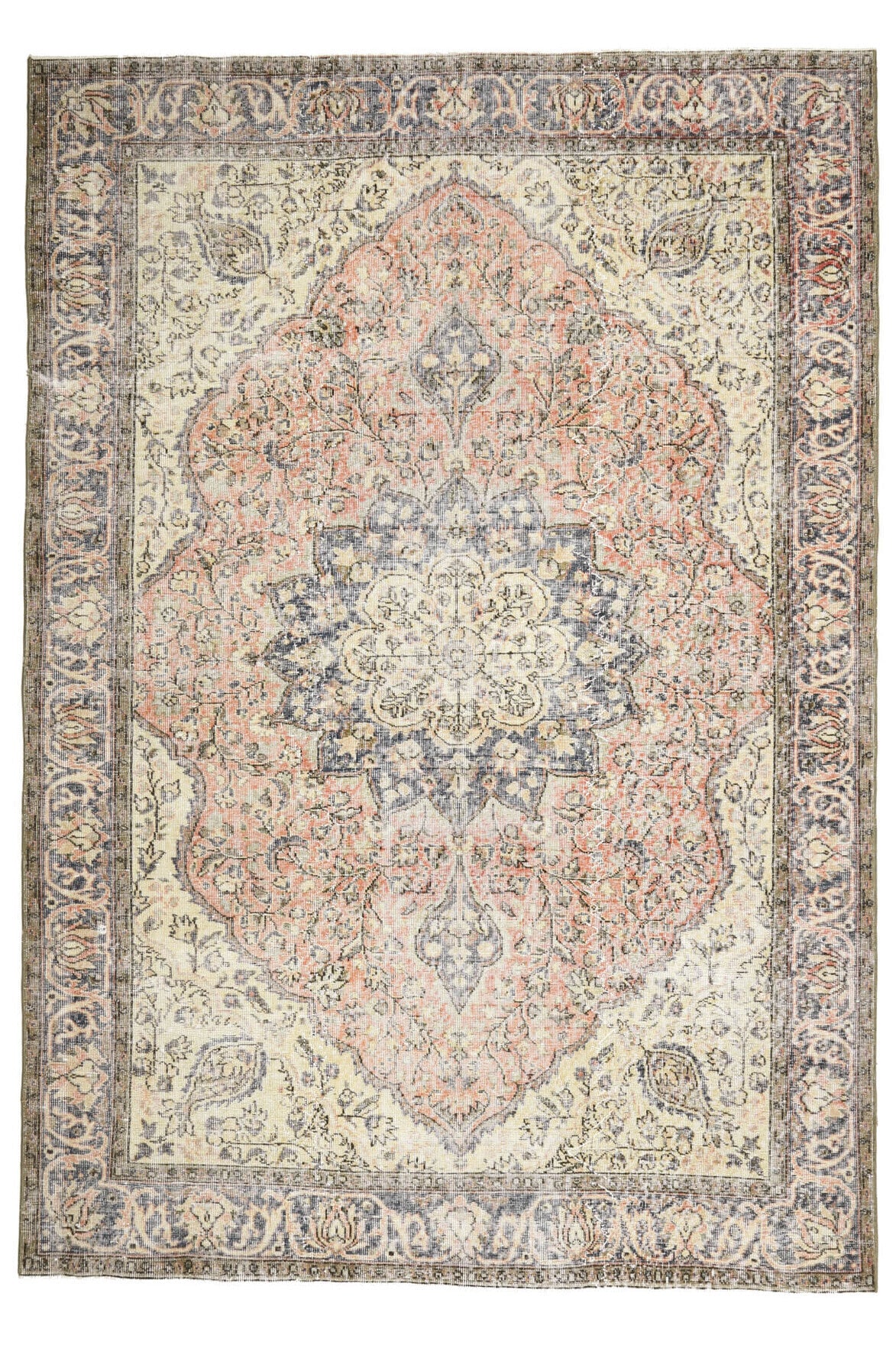 200x285 cm turuncu ve bej oryantal desenli el dokuma vintage halı – üstten tam görünüm