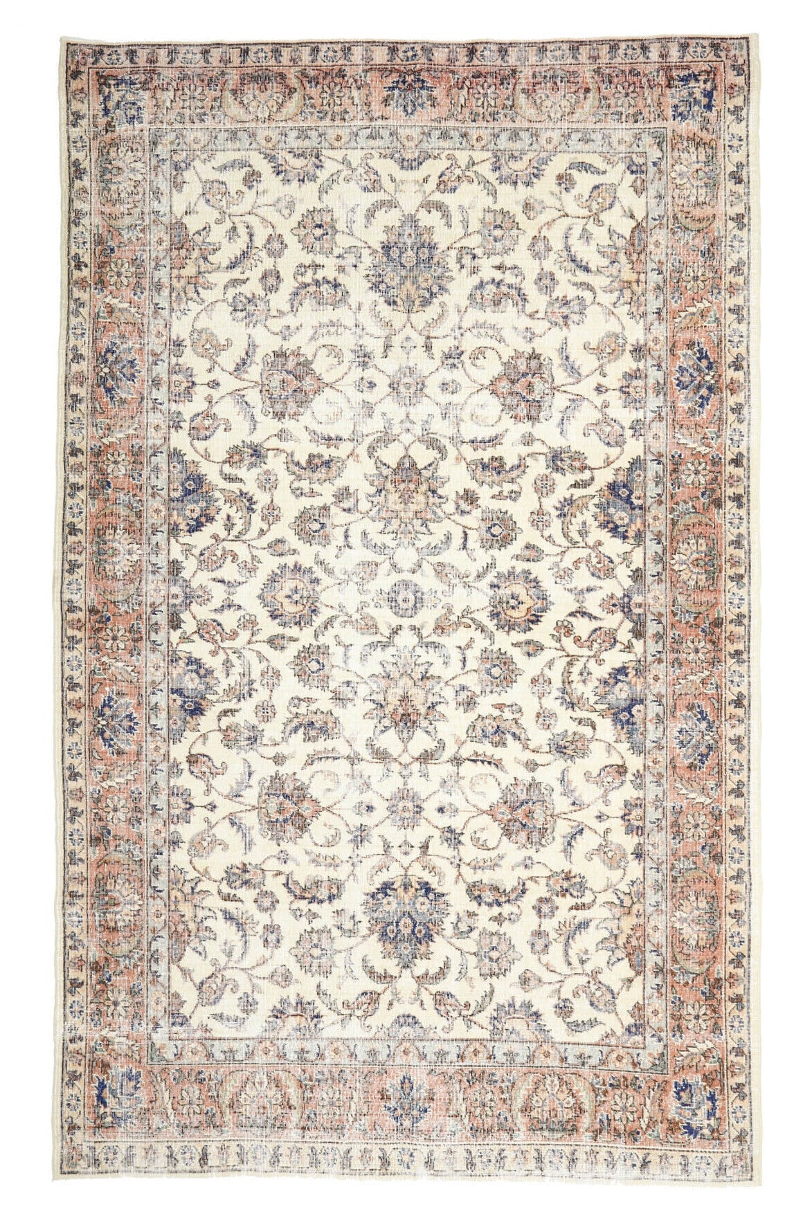 199x322 cm bej ve turuncu oryantal desenli el dokuma vintage halı – üstten tam görünüm