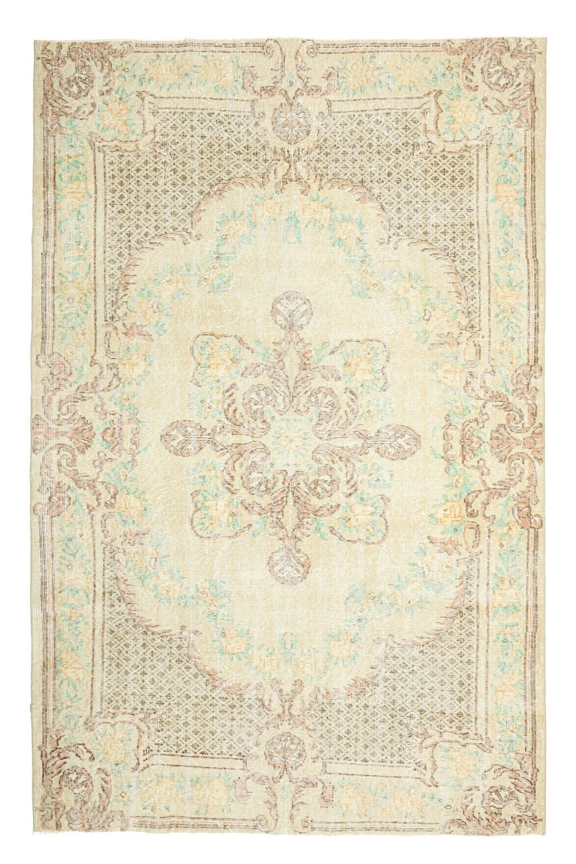 182x286 cm bej ve turuncu oryantal desenli el dokuma vintage halı – üstten tam görünüm