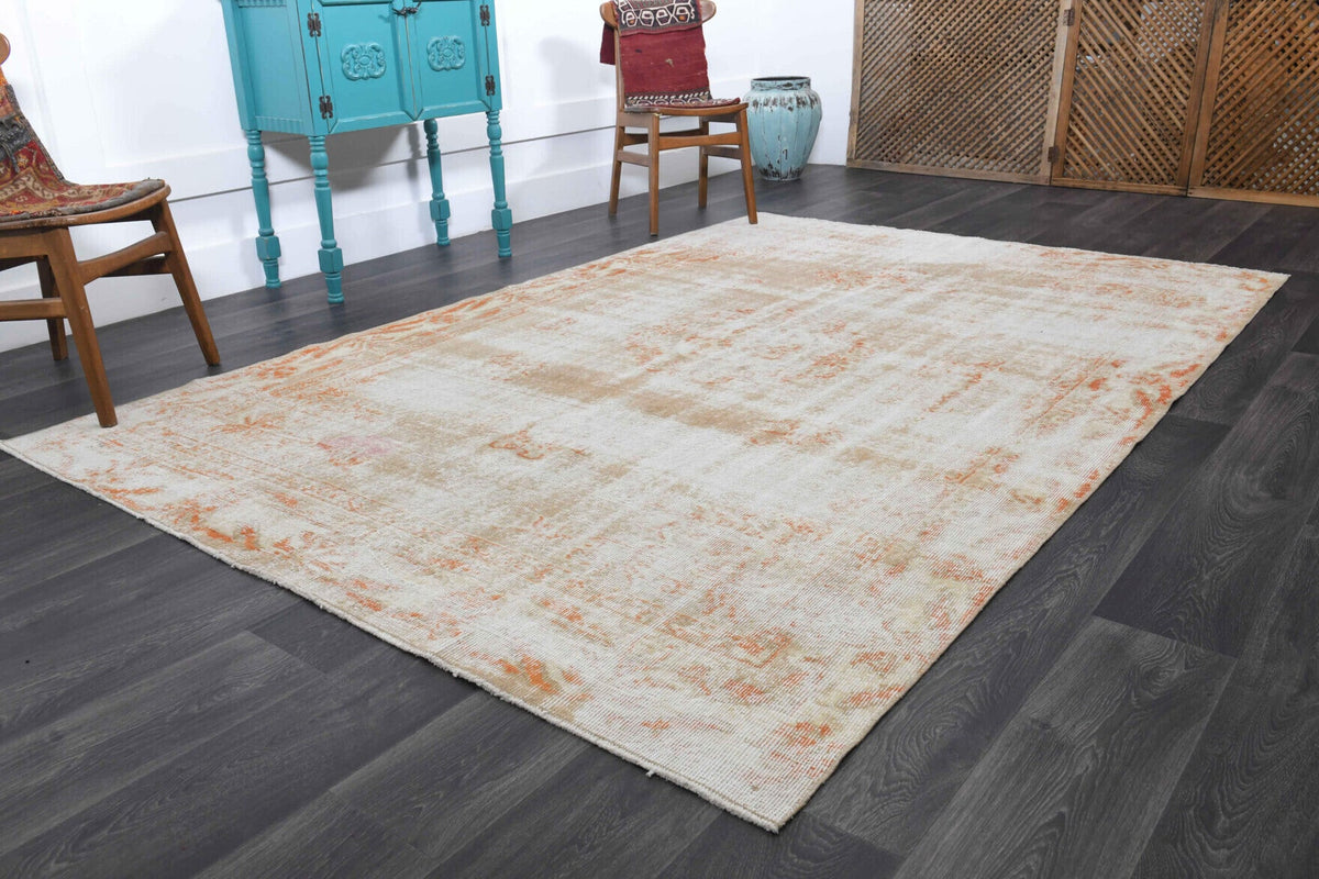 El yapımı vintage halı 198x292 cm oryantal desenli yün - kenar ve saçak detayı