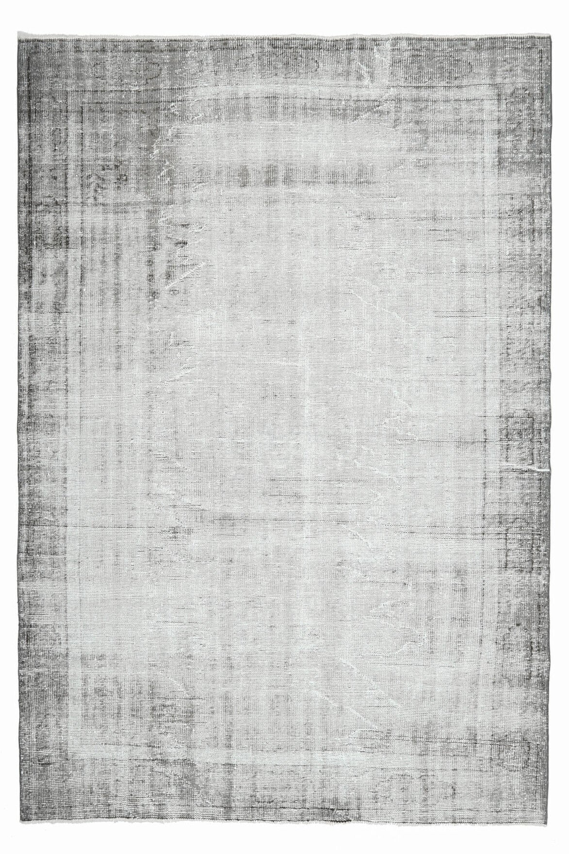 198x289 cm gri ve beyaz düz zeminli el dokuma vintage halı – üstten tam görünüm