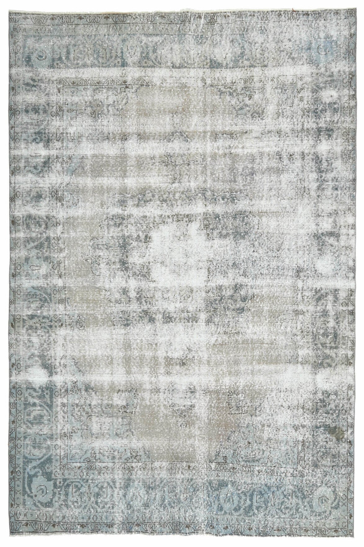 199x307 cm gri ve beyaz oryantal desenli el dokuma vintage halı – üstten tam görünüm