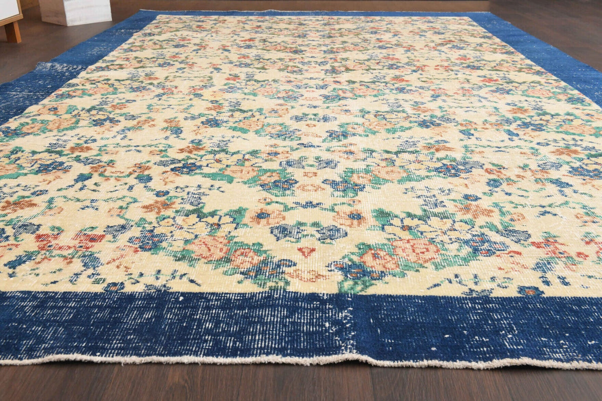 El yapımı vintage halı 211x315 cm çiçek desenli desenli yün - yakın çekim doku detayı