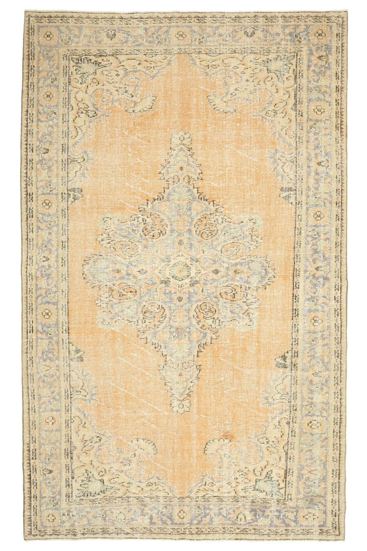 185x303 cm turuncu ve bej oryantal desenli el dokuma vintage halı – üstten tam görünüm