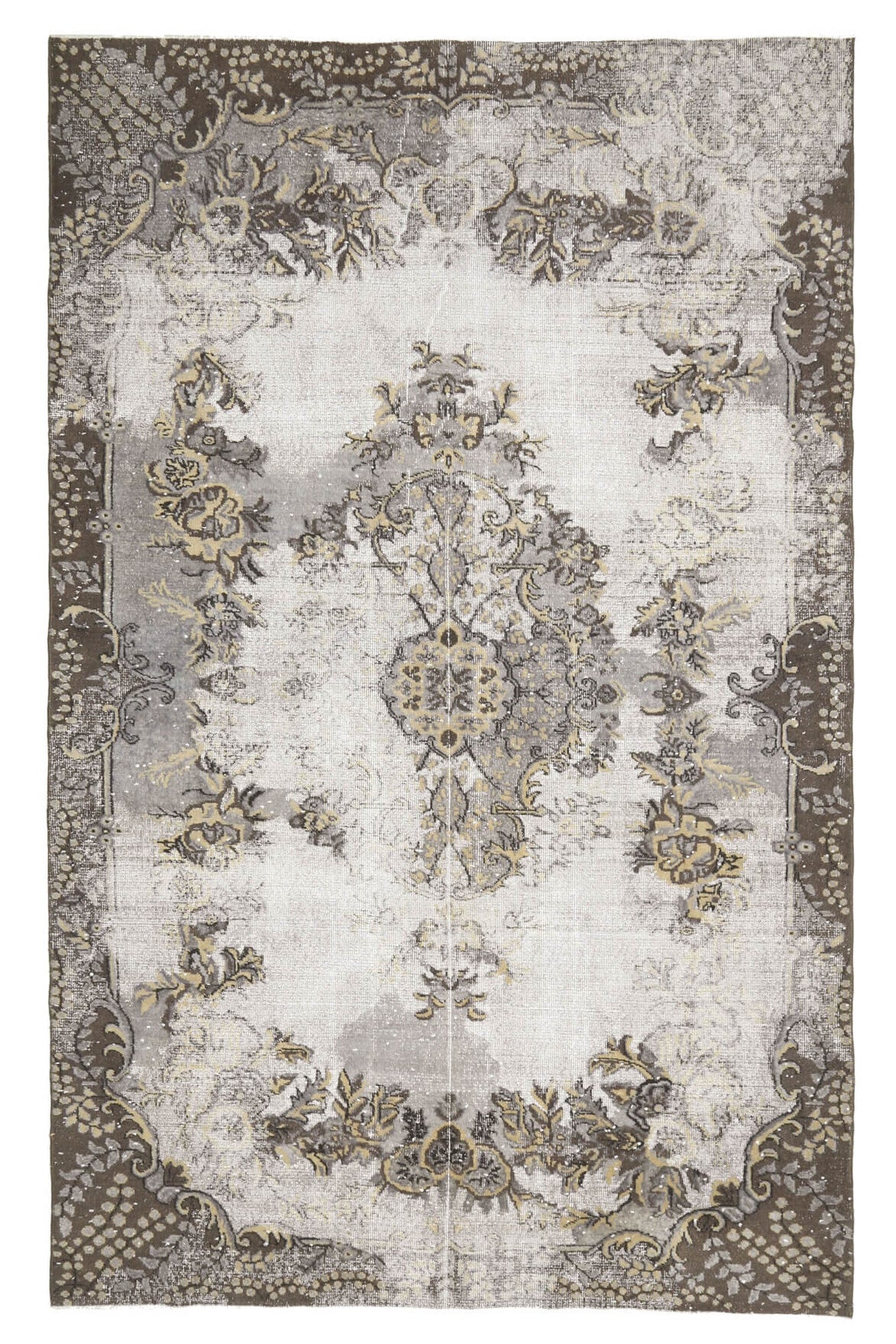 199x320 cm bej, kahverengi ve beyaz oryantal desenli el dokuma vintage halı – üstten tam görünüm