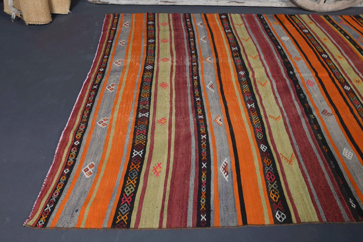 El yapımı vintage yolluk 185x356 cm çizgili desenli yün - yakın çekim doku detayı