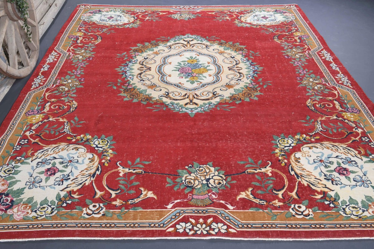 El yapımı vintage halı 274x335 cm oryantal desenli yün - detay görünümü