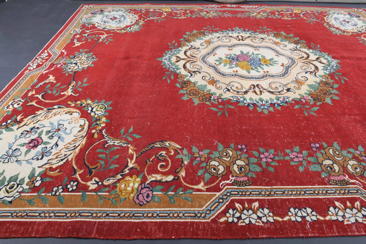 El yapımı vintage halı 274x335 cm oryantal desenli yün - yakın çekim doku detayı