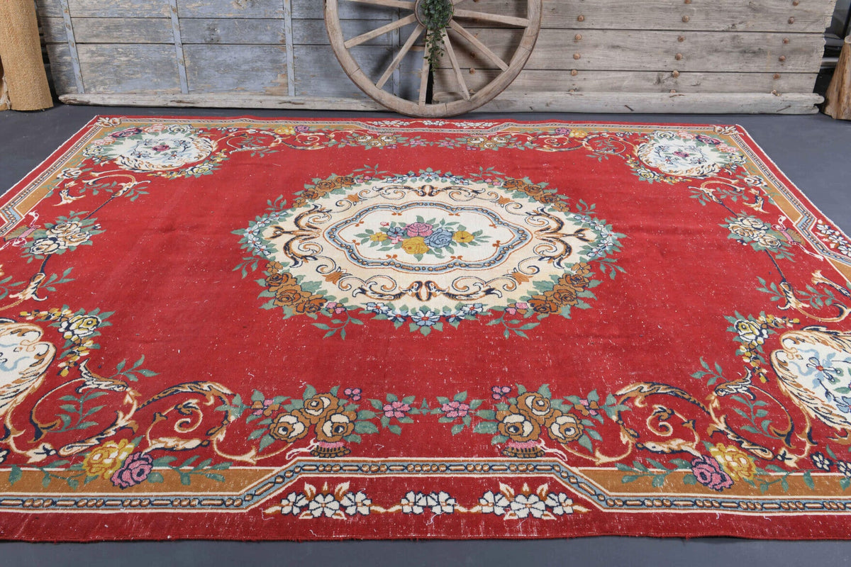 El yapımı vintage halı 274x335 cm oryantal desenli yün - kenar ve saçak detayı