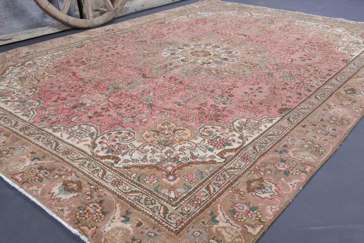 El yapımı vintage halı 231x323 cm oryantal desenli yün - yakın çekim doku detayı
