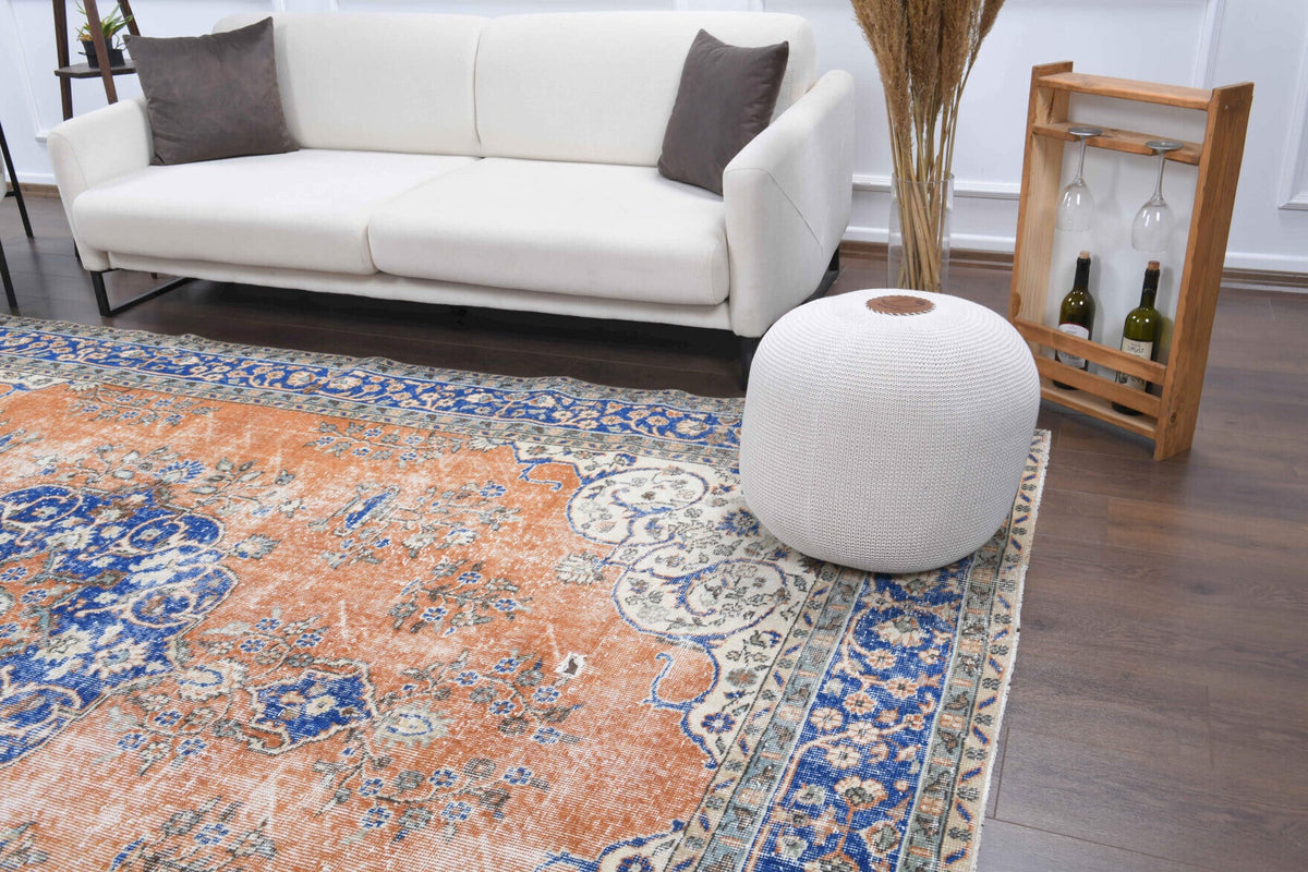 El yapımı vintage halı 257x348 cm oryantal desenli yün - yakın çekim doku detayı
