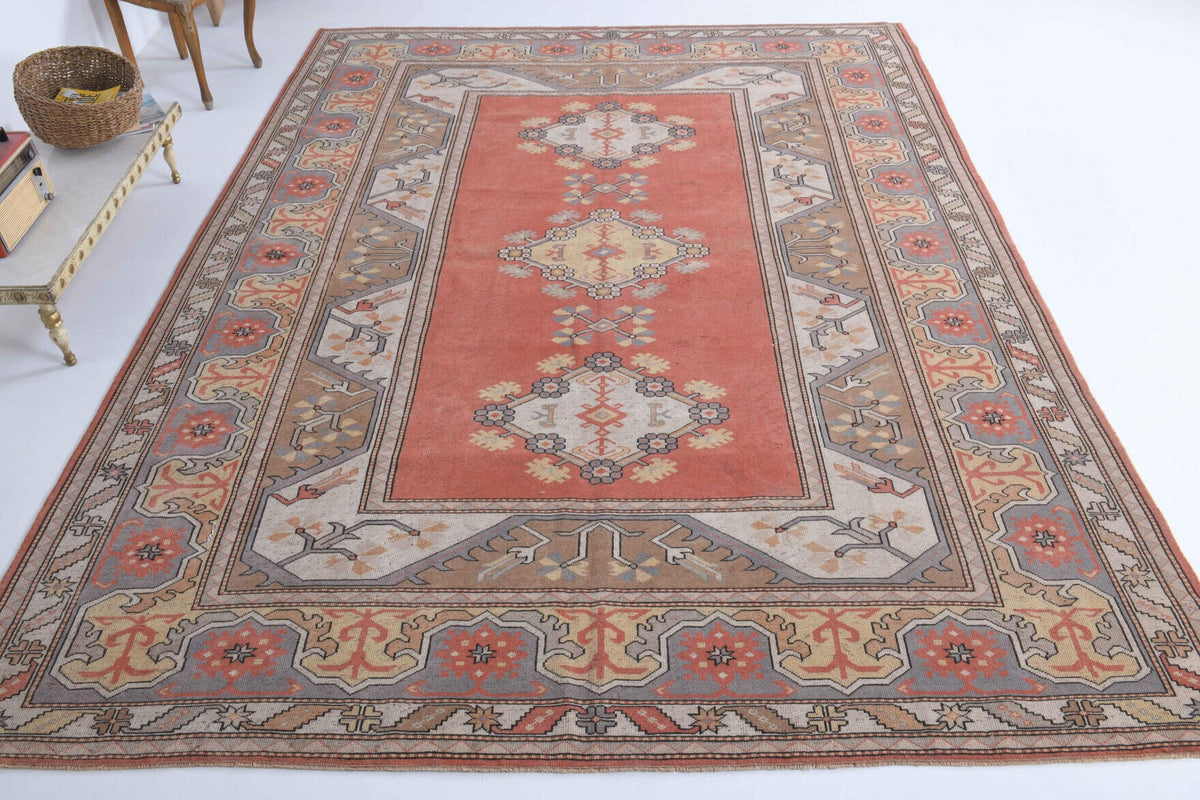 El yapımı vintage halı 259x351 cm oryantal desenli yün - detay görünümü