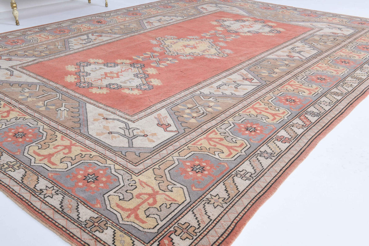 El yapımı vintage halı 259x351 cm oryantal desenli yün - yakın çekim doku detayı