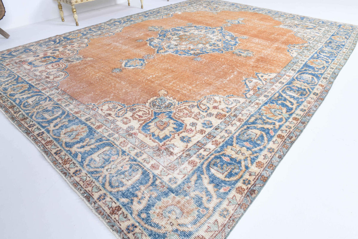 El yapımı vintage halı 234x325 cm oryantal desenli yün - yakın çekim doku detayı