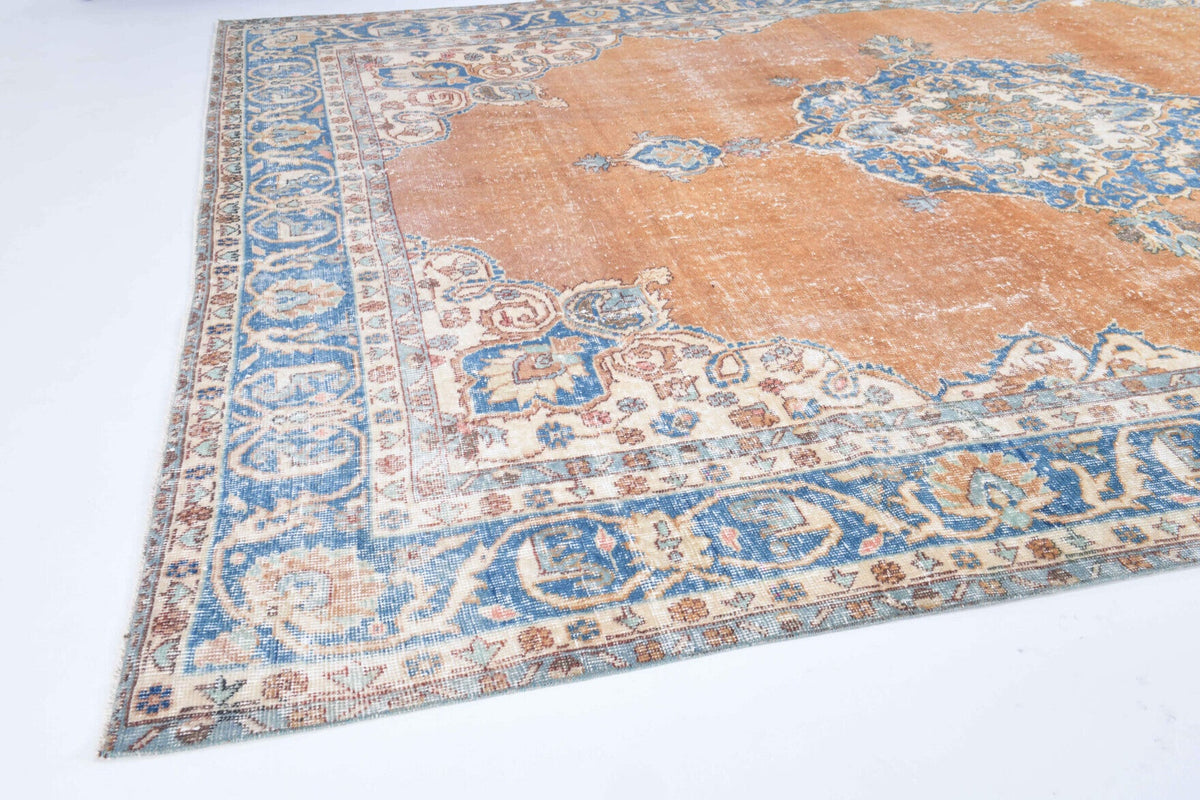 El yapımı vintage halı 234x325 cm oryantal desenli yün - kenar ve saçak detayı