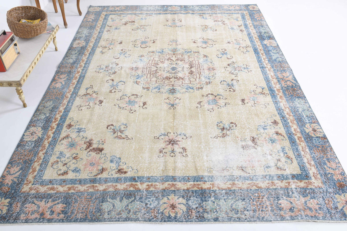 El yapımı vintage halı 213x335 cm oryantal desenli yün - detay görünümü