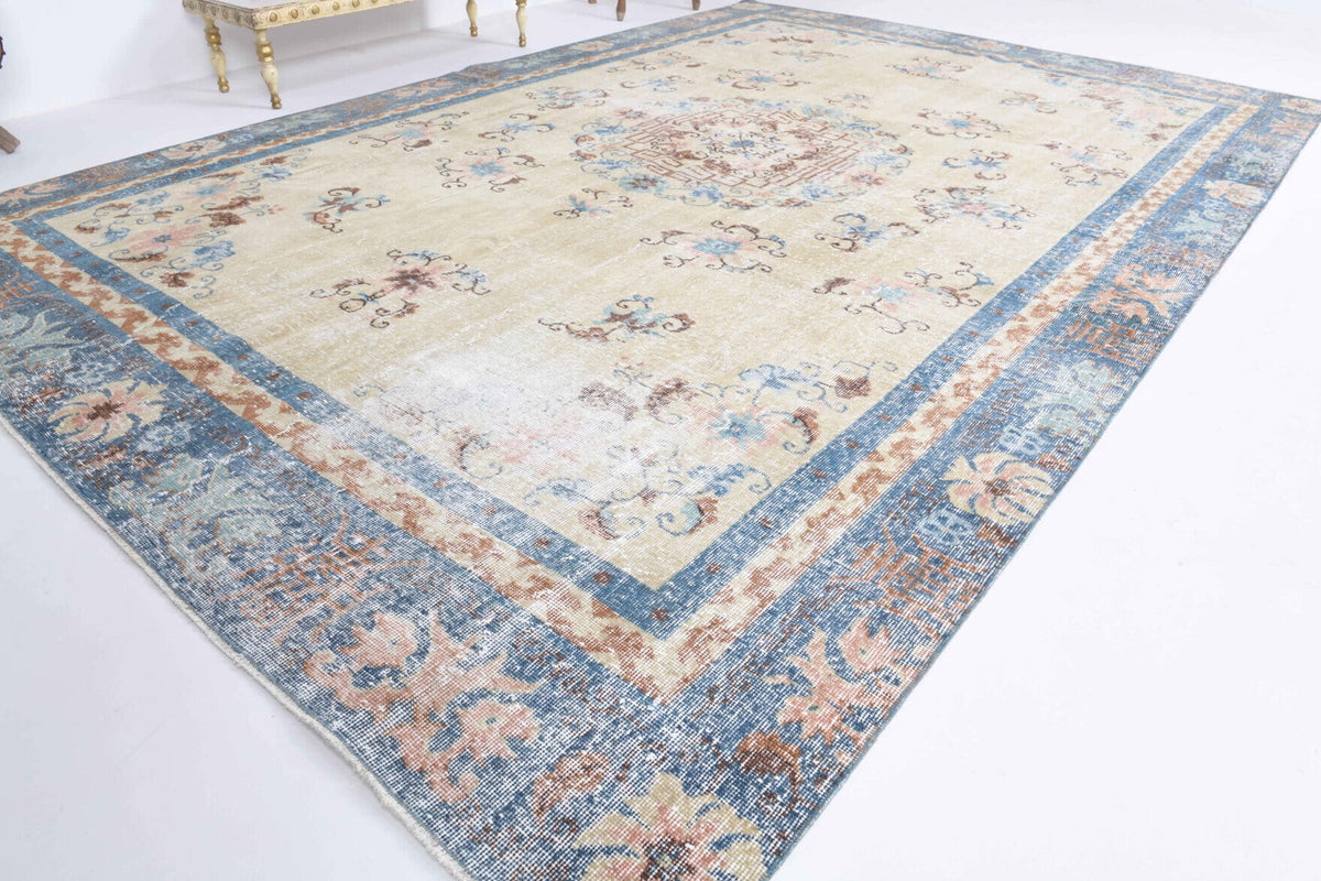 El yapımı vintage halı 213x335 cm oryantal desenli yün - yakın çekim doku detayı