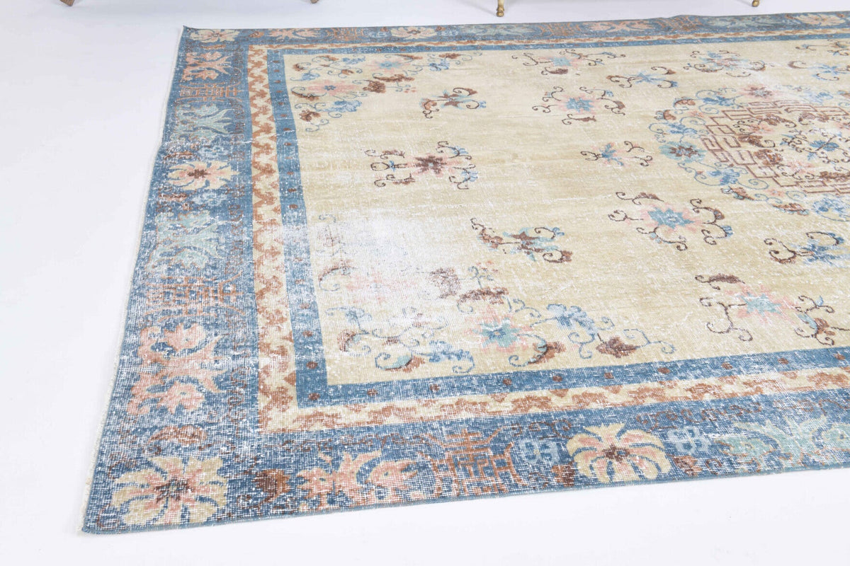 El yapımı vintage halı 213x335 cm oryantal desenli yün - kenar ve saçak detayı