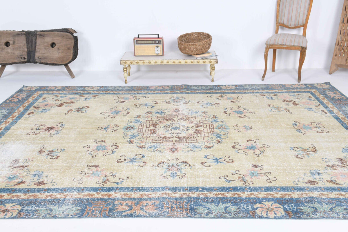 El yapımı vintage halı 213x335 cm oryantal desenli yün - desen detayı
