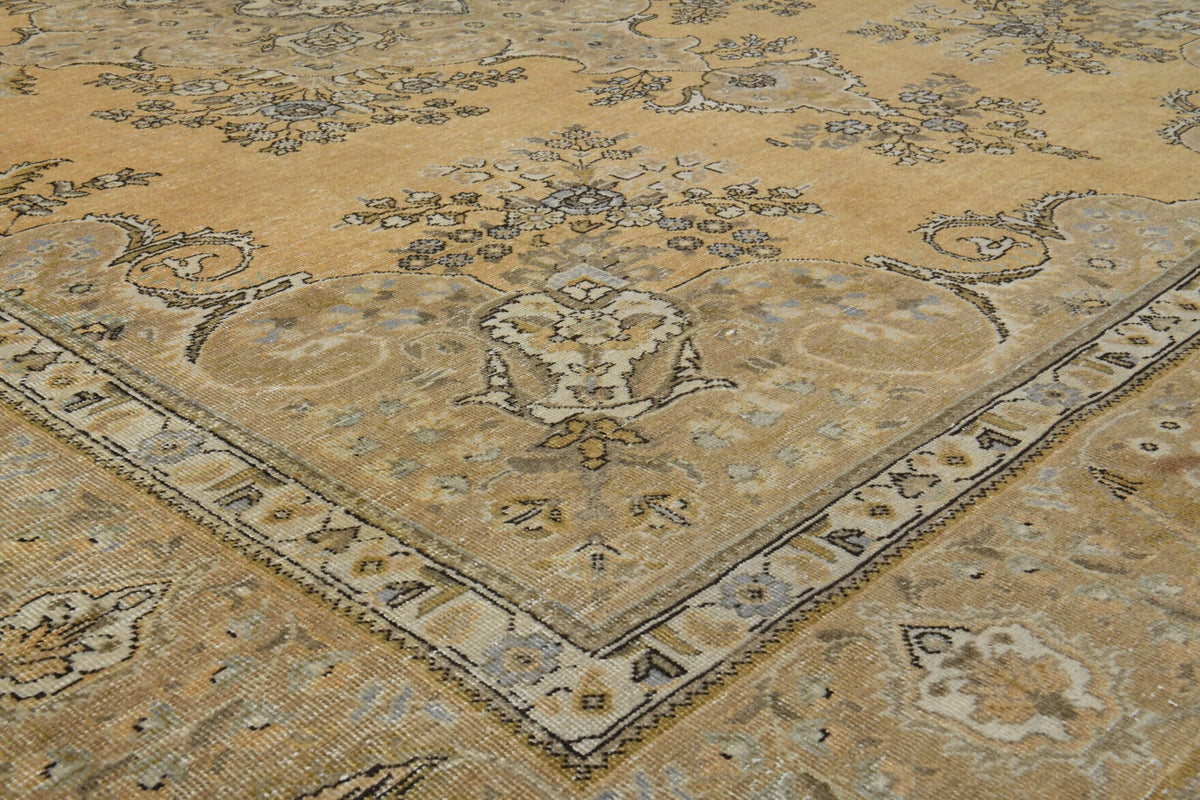 El yapımı vintage halı 292x381 cm oryantal desenli yün - yakın çekim doku detayı