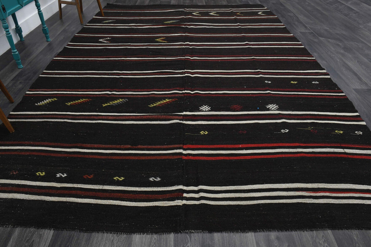 El yapımı vintage halı 287x427 cm çizgili desenli yün - detay görünümü