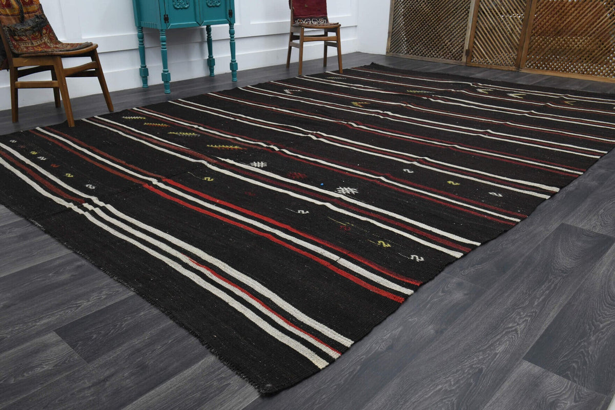 El yapımı vintage halı 287x427 cm çizgili desenli yün - yakın çekim doku detayı
