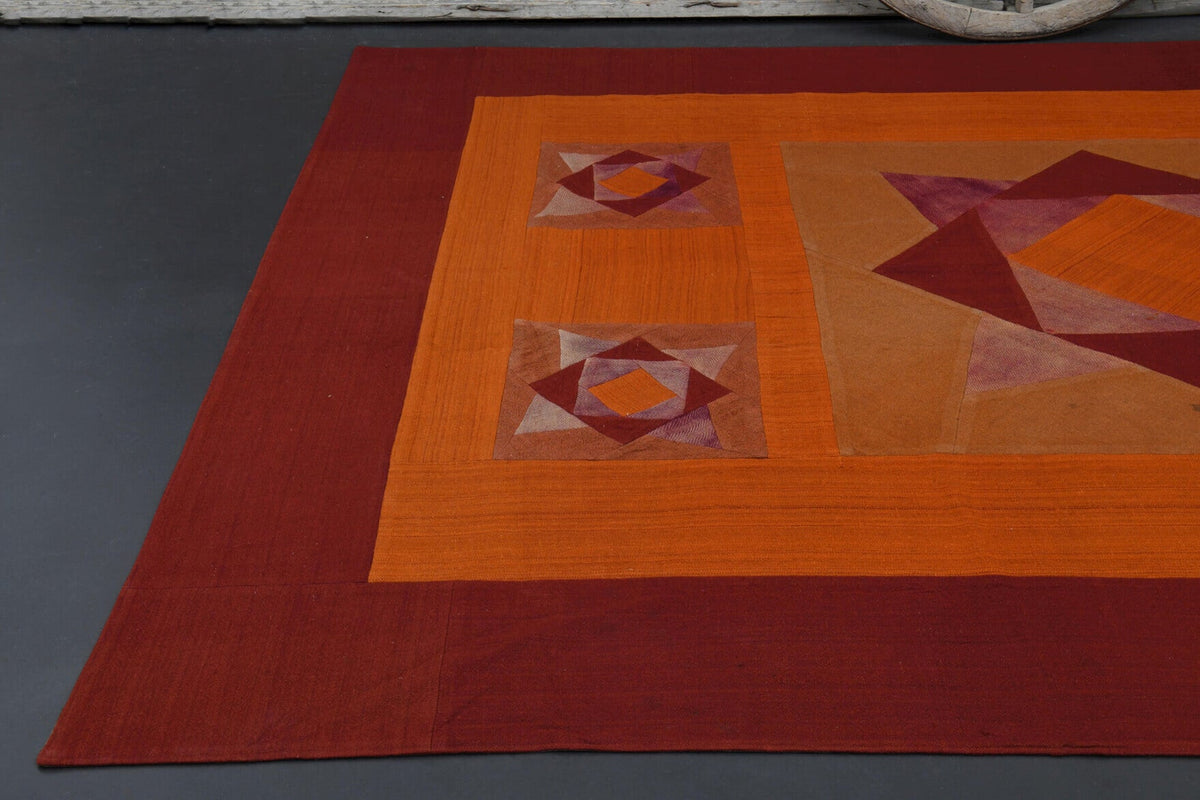El yapımı vintage halı 249x356 cm geometrik desenli yün - yakın çekim doku detayı