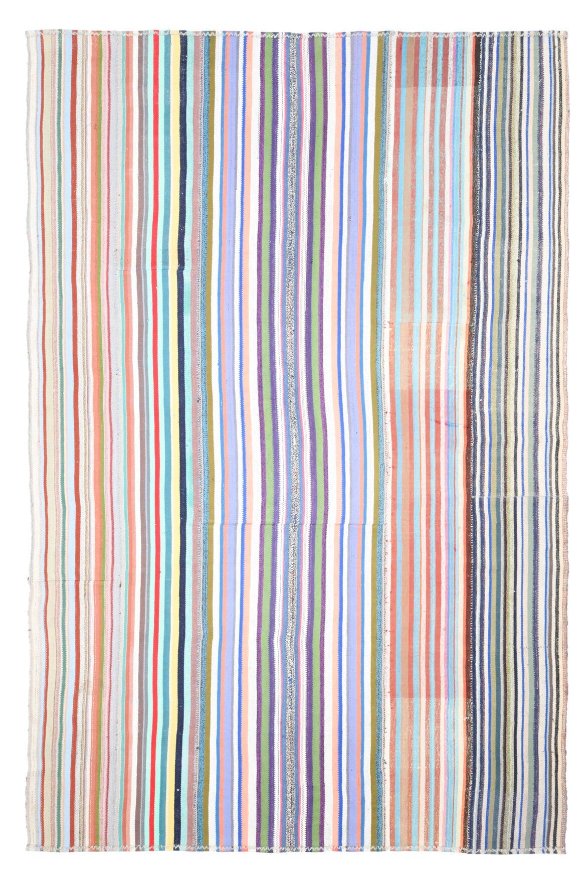 238x359 cm mavi ve pembe çizgili el dokuma vintage kilim – üstten tam görünüm