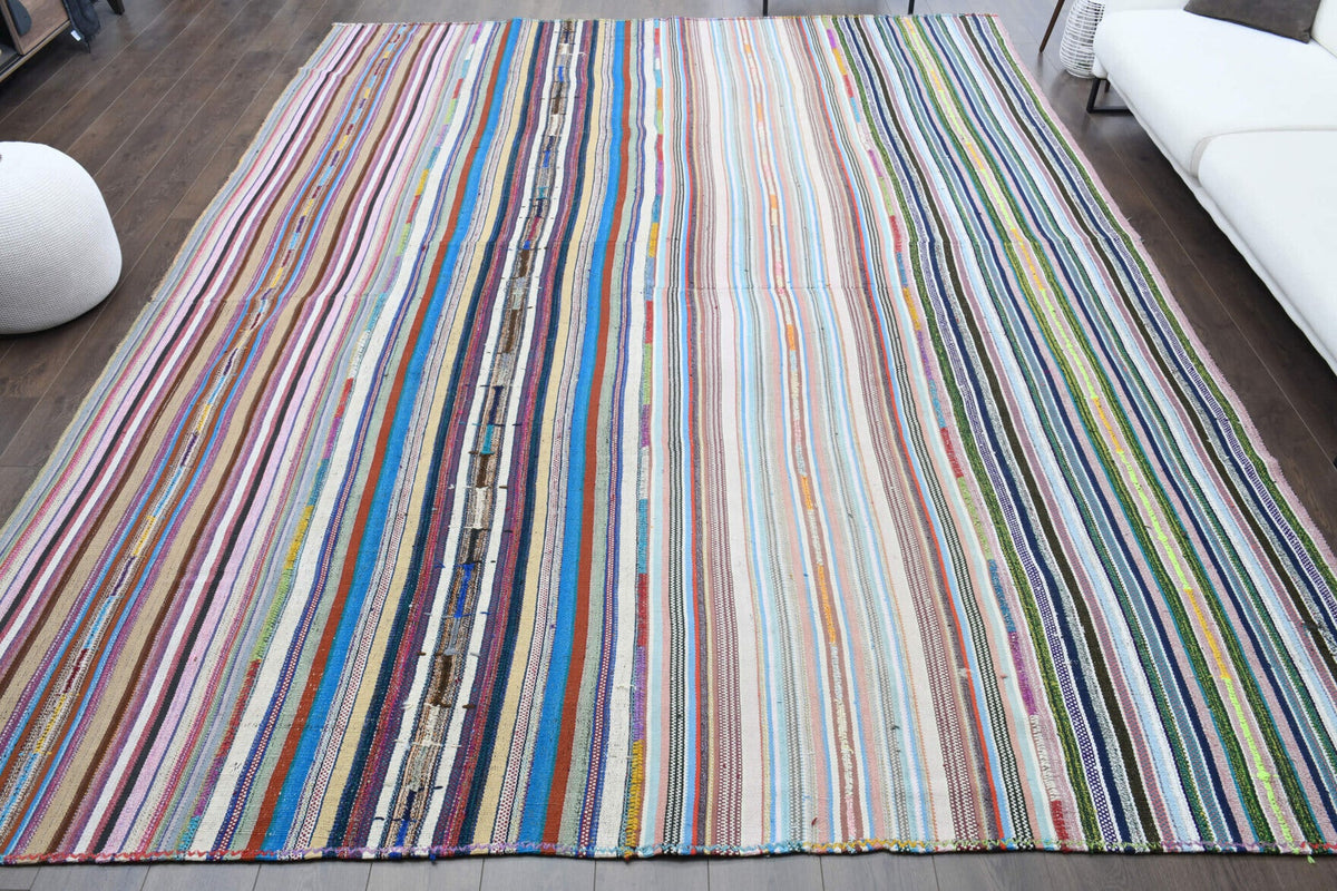 El yapımı vintage halı 302x399 cm çizgili desenli yün - detay görünümü
