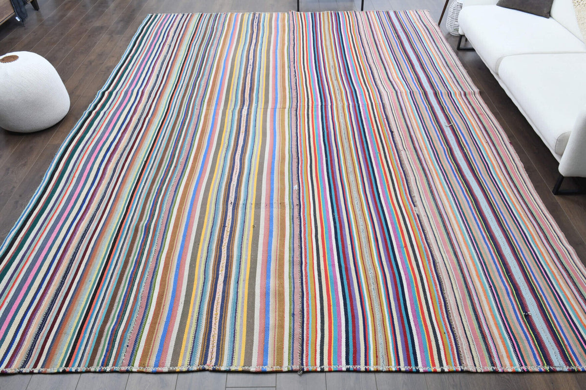 El yapımı vintage halı 290x406 cm çizgili desenli yün - detay görünümü