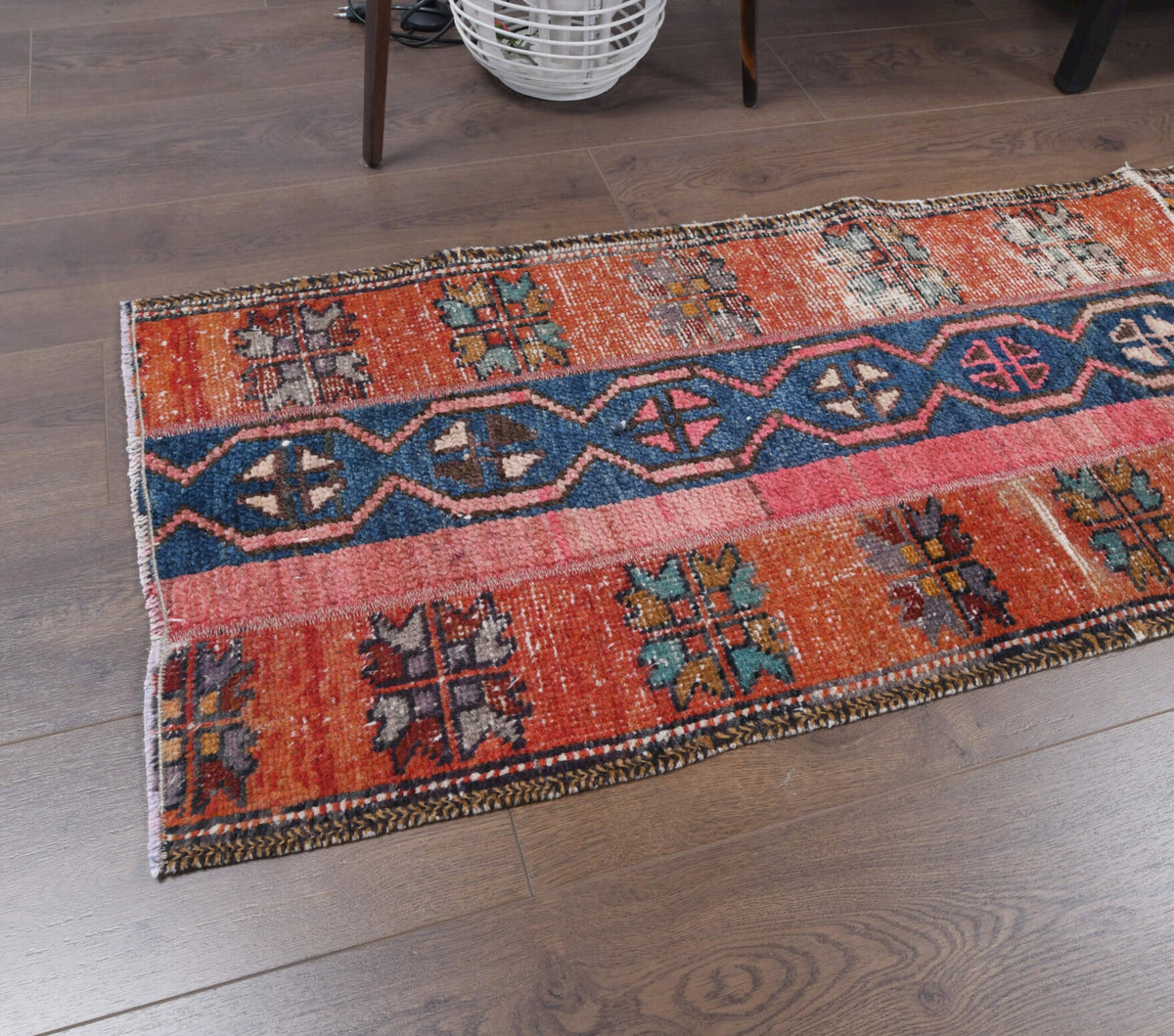El yapımı vintage yolluk 56x310 cm i̇kat desenli yün - detay görünümü