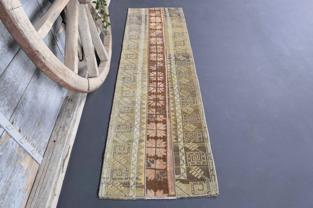 El yapımı vintage yolluk 58x185 cm i̇kat desenli yün - yakın çekim doku detayı