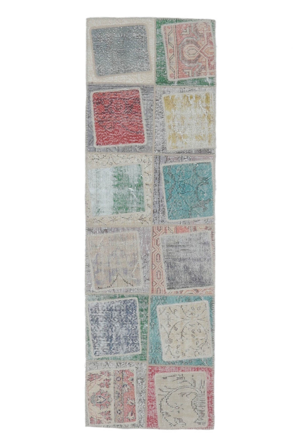 72x229 cm gri ve bej geometrik desenli patchwork vintage yolluk – üstten tam görünüm